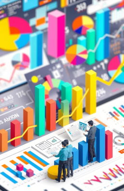 An abstract representation of statistics, featuring colorful graphs, pie charts, and infographics