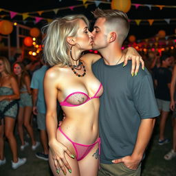 A whole person photo of a 22-year-old woman and a 26-year-old man kissing at an outdoor daytime party