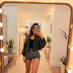 A stunning mirror selfie of a young adult in a stylish outfit, posing confidently in a well-decorated room