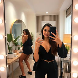 A stunning mirror selfie of a young adult in a stylish outfit, posing confidently in a well-decorated room