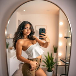 A stunning mirror selfie of a young adult in a stylish outfit, posing confidently in a well-decorated room