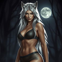A stunningly beautiful female werewolf with striking features, exuding confidence and allure, standing in a moonlit forest at night