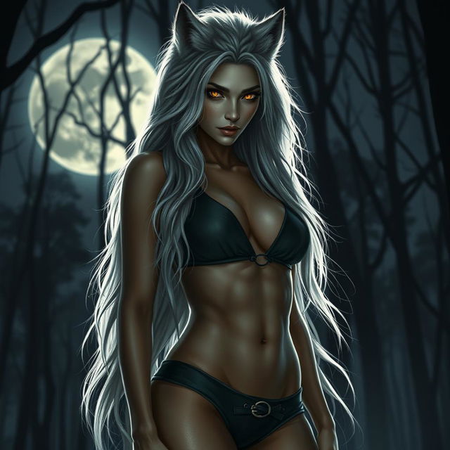 A stunningly beautiful female werewolf with striking features, exuding confidence and allure, standing in a moonlit forest at night