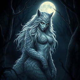 A stunningly beautiful female werewolf with luscious fur covering her body, captivating and alluring under the bright moonlight