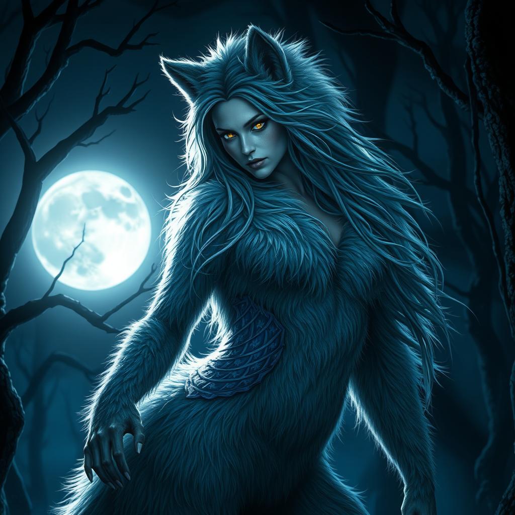 A stunningly beautiful female werewolf with luscious fur covering her body, captivating and alluring under the bright moonlight