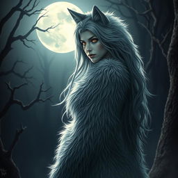A stunningly beautiful female werewolf with luscious fur covering her body, captivating and alluring under the bright moonlight