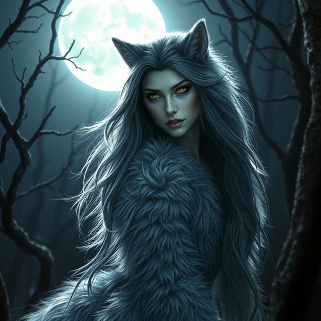 A stunningly beautiful female werewolf with luscious fur covering her body, captivating and alluring under the bright moonlight