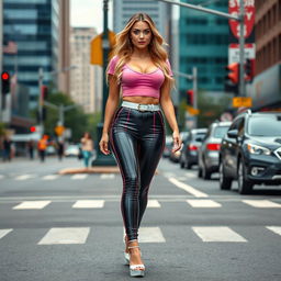 A sexy, beautiful, and innocent looking young woman with a cute and voluptuous hourglass shape is confidently walking in traffic at a busy downtown intersection