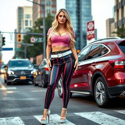 A sexy, beautiful, and innocent looking young woman with a cute and voluptuous hourglass shape is standing confidently in traffic at a busy downtown intersection
