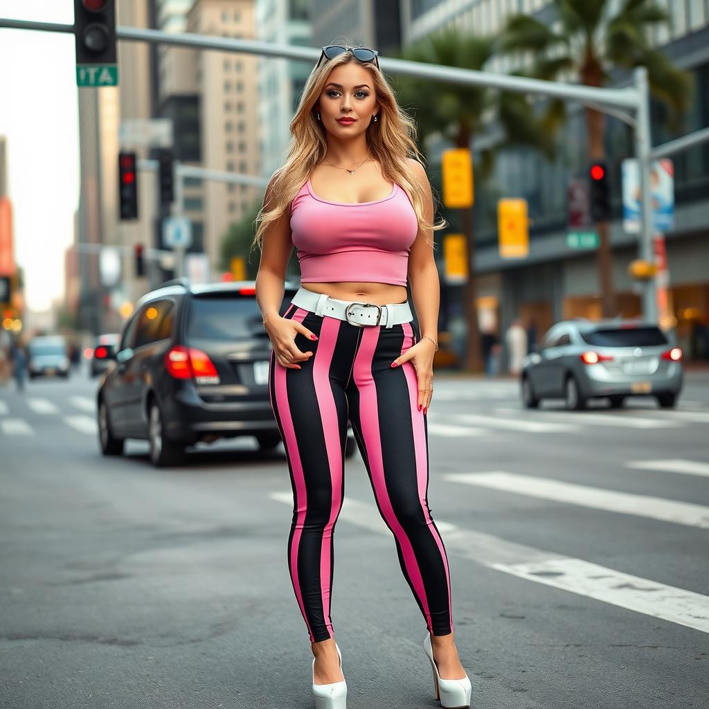 A sexy, beautiful, and innocent looking young woman with a cute and voluptuous figure is standing confidently in traffic at a bustling downtown intersection