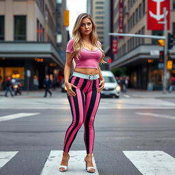 A sexy, beautiful, and innocent looking young woman with a cute and voluptuous figure is standing confidently in traffic at a bustling downtown intersection