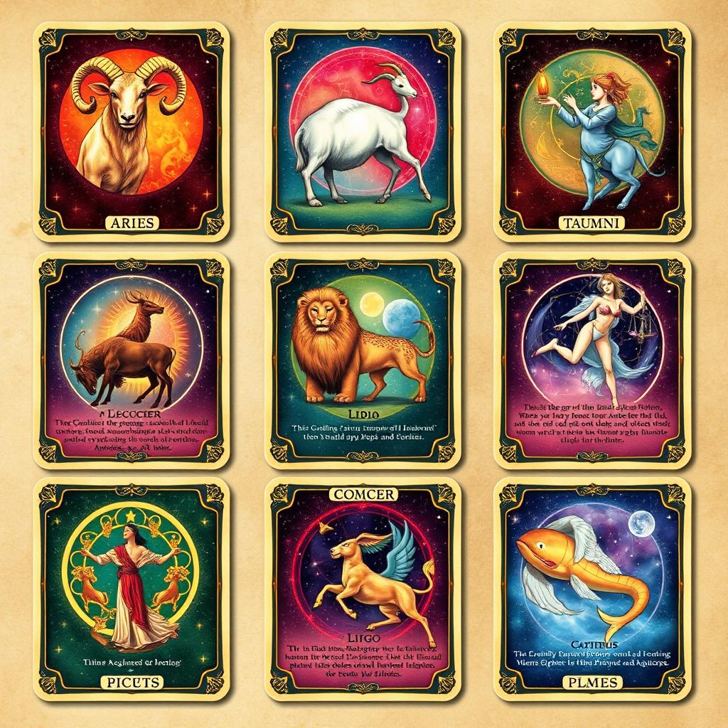 A beautifully illustrated zodiac card deck featuring all twelve astrological signs: Aries, Taurus, Gemini, Cancer, Leo, Virgo, Libra, Scorpio, Sagittarius, Capricorn, Aquarius, and Pisces