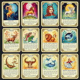 A beautifully illustrated zodiac card deck featuring all twelve astrological signs: Aries, Taurus, Gemini, Cancer, Leo, Virgo, Libra, Scorpio, Sagittarius, Capricorn, Aquarius, and Pisces