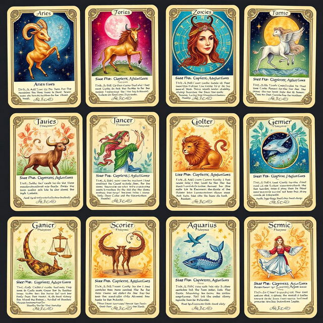 A beautifully illustrated zodiac card deck featuring all twelve astrological signs: Aries, Taurus, Gemini, Cancer, Leo, Virgo, Libra, Scorpio, Sagittarius, Capricorn, Aquarius, and Pisces