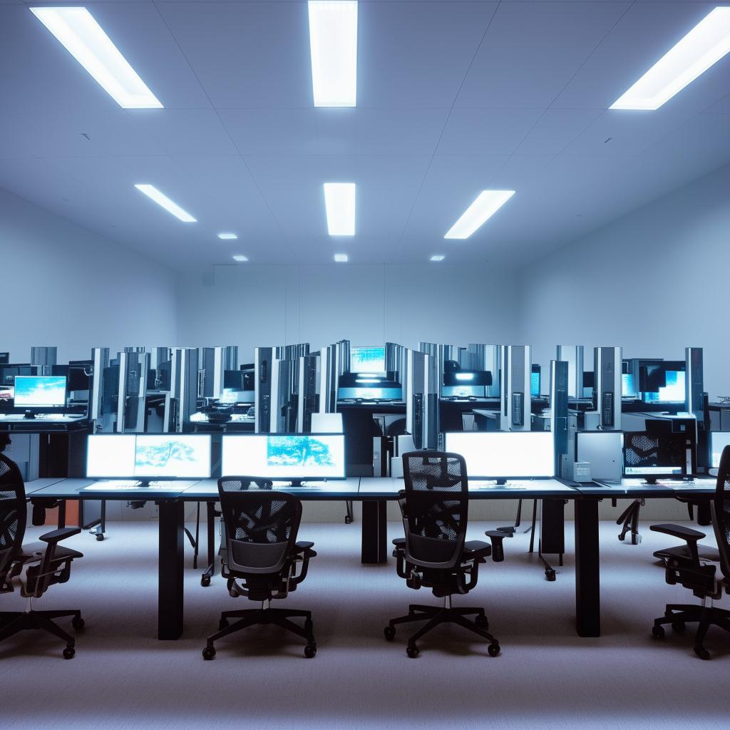 An array of modern computer tables in a well-lit room. Each table is equipped with high-tech computers, ergonomic chairs, and accessories like headphones and mouse pads.