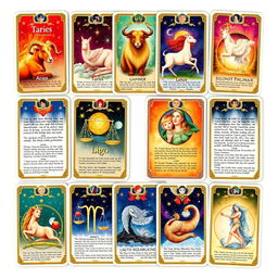 A beautifully illustrated zodiac card deck featuring all twelve astrological signs: Aries, Taurus, Gemini, Cancer, Leo, Virgo, Libra, Scorpio, Sagittarius, Capricorn, Aquarius, and Pisces