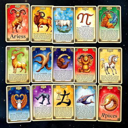 A beautifully illustrated zodiac card deck featuring all twelve astrological signs: Aries, Taurus, Gemini, Cancer, Leo, Virgo, Libra, Scorpio, Sagittarius, Capricorn, Aquarius, and Pisces