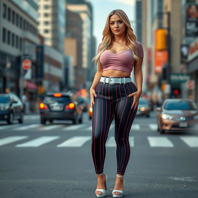 A sexy, beautiful, and innocent looking young woman with a cute and voluptuous figure is standing confidently in traffic at a bustling downtown intersection