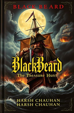 A captivating book cover for the novel 'BlackBeard: The Treasure Hunt' featuring a dramatic pirate ship sailing through dark, stormy seas under a moonlit sky