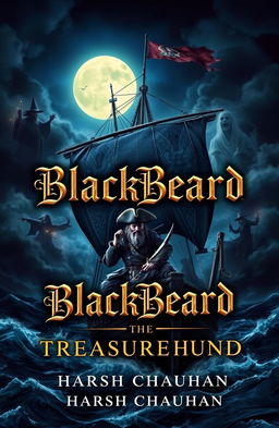 A captivating book cover for the novel 'BlackBeard: The Treasure Hunt' featuring a dramatic pirate ship sailing through dark, stormy seas under a moonlit sky