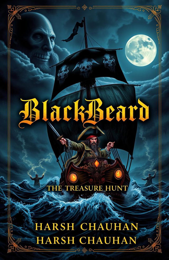 A captivating book cover for the novel 'BlackBeard: The Treasure Hunt' featuring a dramatic pirate ship sailing through dark, stormy seas under a moonlit sky