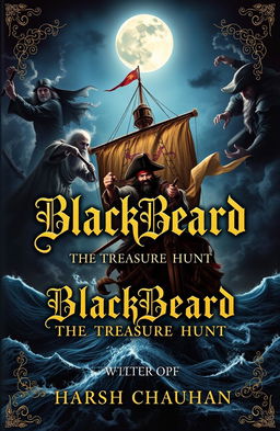 A captivating book cover for the novel 'BlackBeard: The Treasure Hunt' featuring a dramatic pirate ship sailing through dark, stormy seas under a moonlit sky