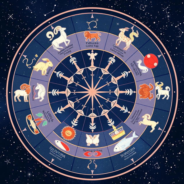 A beautifully illustrated zodiac wheel featuring all 12 astrological signs: Aries, Taurus, Gemini, Cancer, Leo, Virgo, Libra, Scorpio, Sagittarius, Capricorn, Aquarius, and Pisces