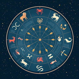 A beautifully illustrated zodiac wheel featuring all 12 astrological signs: Aries, Taurus, Gemini, Cancer, Leo, Virgo, Libra, Scorpio, Sagittarius, Capricorn, Aquarius, and Pisces
