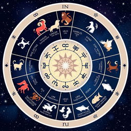 A beautifully illustrated zodiac wheel featuring all 12 astrological signs: Aries, Taurus, Gemini, Cancer, Leo, Virgo, Libra, Scorpio, Sagittarius, Capricorn, Aquarius, and Pisces