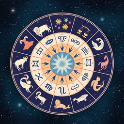 A beautifully illustrated zodiac wheel featuring all 12 astrological signs: Aries, Taurus, Gemini, Cancer, Leo, Virgo, Libra, Scorpio, Sagittarius, Capricorn, Aquarius, and Pisces