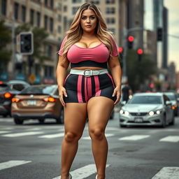A sexy, beautiful, innocent, and cute young woman with a voluptuous and curvy figure is standing confidently in traffic at a busy downtown intersection