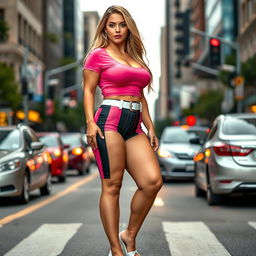 A sexy, beautiful, innocent, and cute young woman with a voluptuous and curvy figure is standing confidently in traffic at a busy downtown intersection