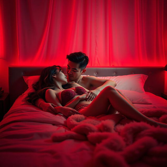 A romantic scene in a dimly lit bedroom with a Chinese man lying on the bed embracing a beautiful and sexy woman