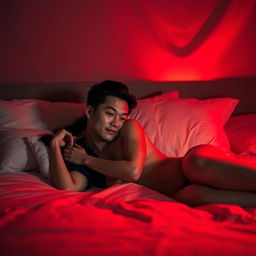 A romantic scene in a dimly lit bedroom with a Chinese man lying on the bed embracing a beautiful and sexy woman