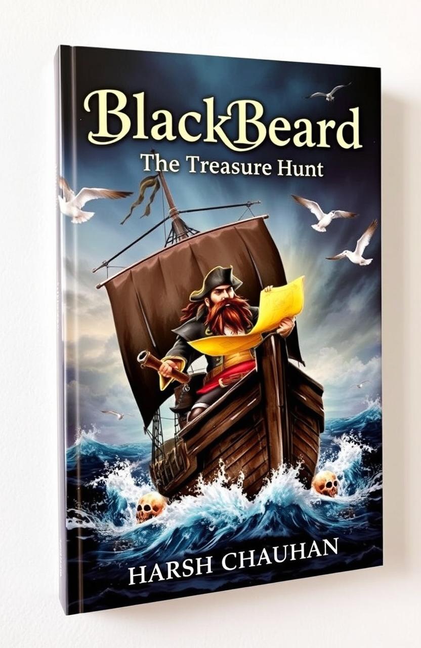 A thrilling cover for a novel titled 'BlackBeard: The Treasure Hunt', showcasing a ferocious pirate ship sailing through turbulent seas under a stormy sky