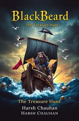 A thrilling cover for a novel titled 'BlackBeard: The Treasure Hunt', showcasing a ferocious pirate ship sailing through turbulent seas under a stormy sky