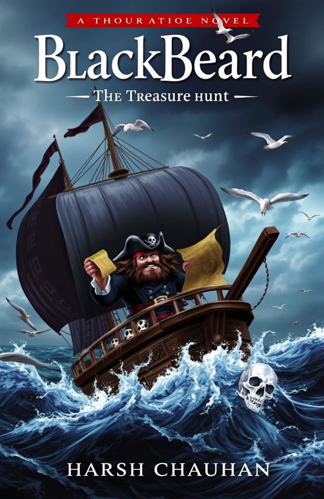 A thrilling cover for a novel titled 'BlackBeard: The Treasure Hunt', showcasing a ferocious pirate ship sailing through turbulent seas under a stormy sky