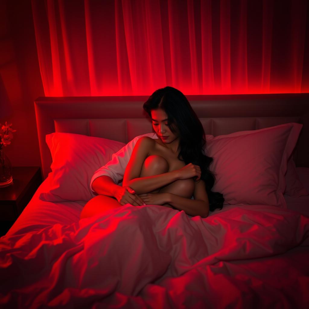 A romantic scene in a dimly lit bedroom featuring a Chinese man lying on the bed, gently hugging a beautiful and sexy woman