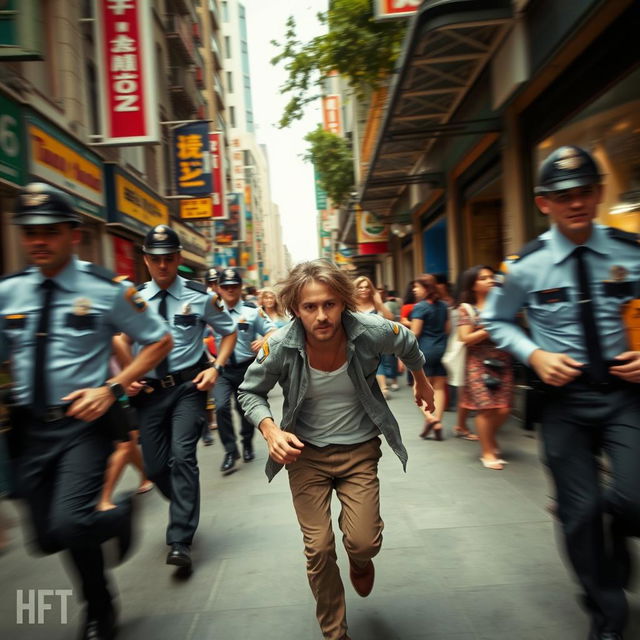 A dramatic scene where a person is being chased by police officers through a bustling urban street