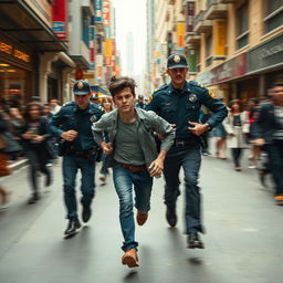 A dramatic scene where a person is being chased by police officers through a bustling urban street