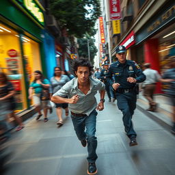 A dramatic scene where a person is being chased by police officers through a bustling urban street