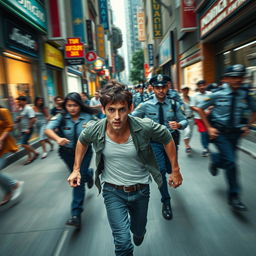 A dramatic scene where a person is being chased by police officers through a bustling urban street