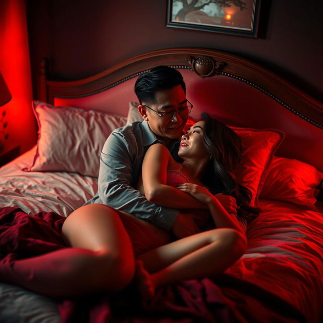 An intimate scene set in a cozy bedroom at night, featuring a Chinese man lying on the bed while tenderly hugging a beautiful, sexy woman