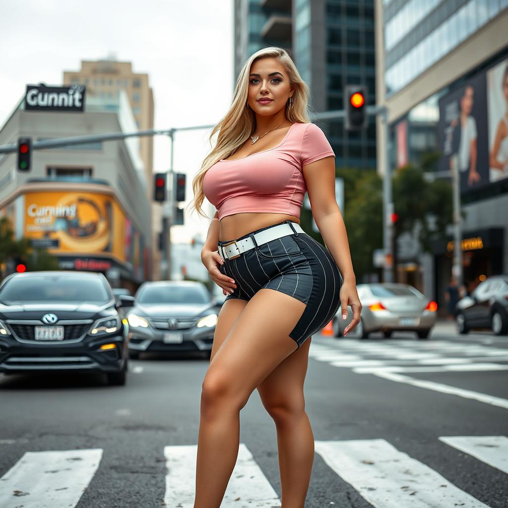 A sexy, beautiful, innocent, and cute young woman with a voluptuous and curvy figure is standing confidently in traffic at a busy downtown intersection