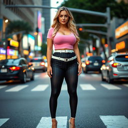 A sexy, beautiful, innocent, and cute young woman with a voluptuous and curvy figure is standing confidently in traffic at a busy downtown intersection