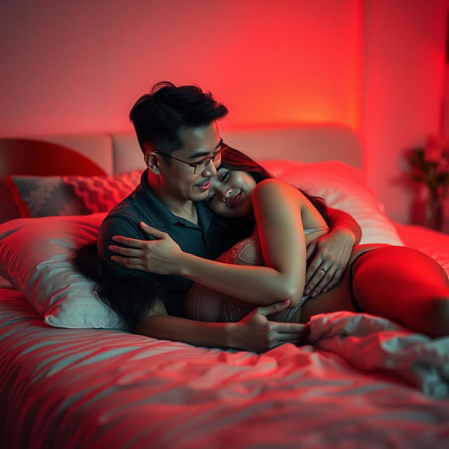 A captivating scene in a softly lit bedroom at night, showcasing a Chinese man lying on the bed while lovingly hugging a beautiful and sexy woman