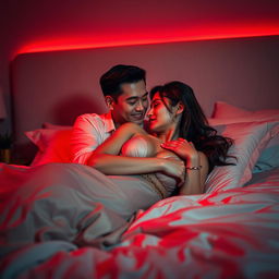 A captivating scene in a softly lit bedroom at night, showcasing a Chinese man lying on the bed while lovingly hugging a beautiful and sexy woman