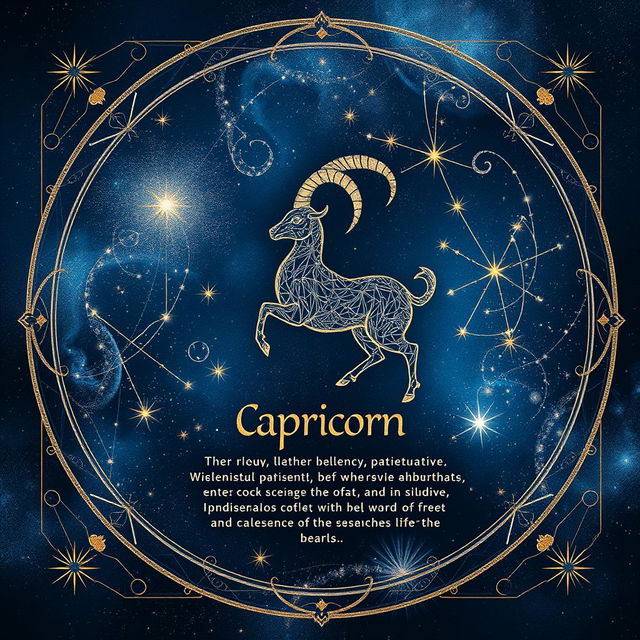 A beautifully designed Capricorn zodiac card featuring the Capricorn constellation, surrounded by intricate cosmic elements like swirling galaxies, twinkling stars, and ethereal nebulae