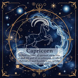 A beautifully designed Capricorn zodiac card featuring the Capricorn constellation, surrounded by intricate cosmic elements like swirling galaxies, twinkling stars, and ethereal nebulae