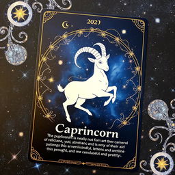 A beautifully designed Capricorn zodiac card featuring the Capricorn constellation, surrounded by intricate cosmic elements like swirling galaxies, twinkling stars, and ethereal nebulae